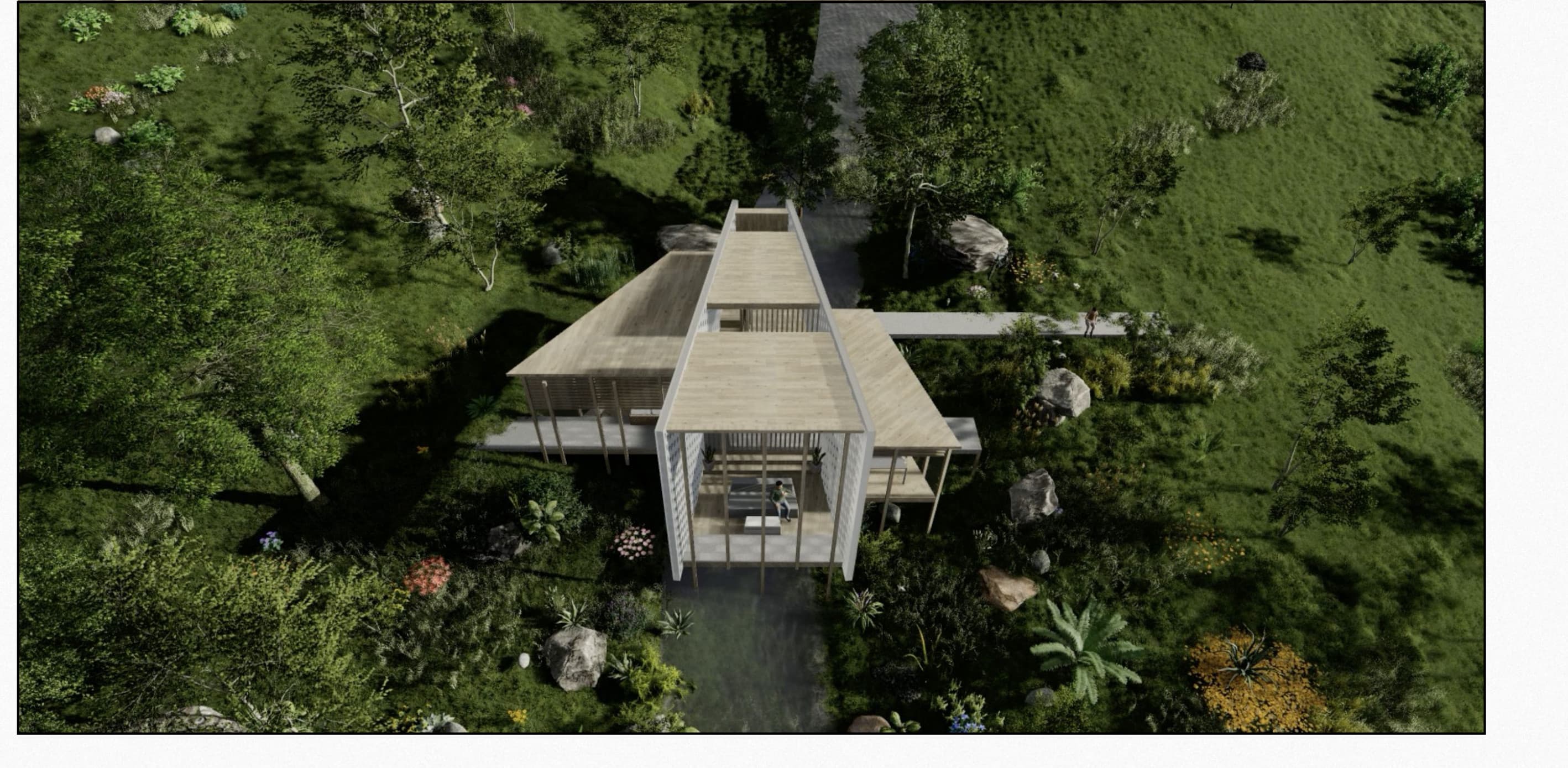 Aerial render of The Longhouse roof amid dense planting