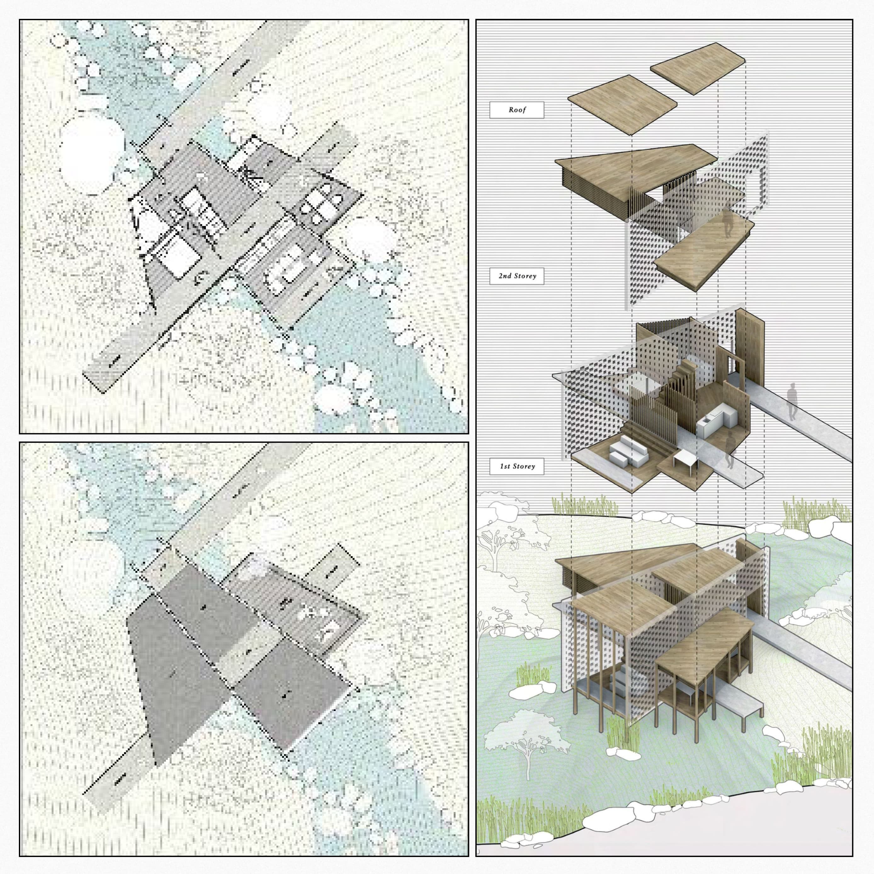 Site plans and exploded axonometric drawing of The Longhouse