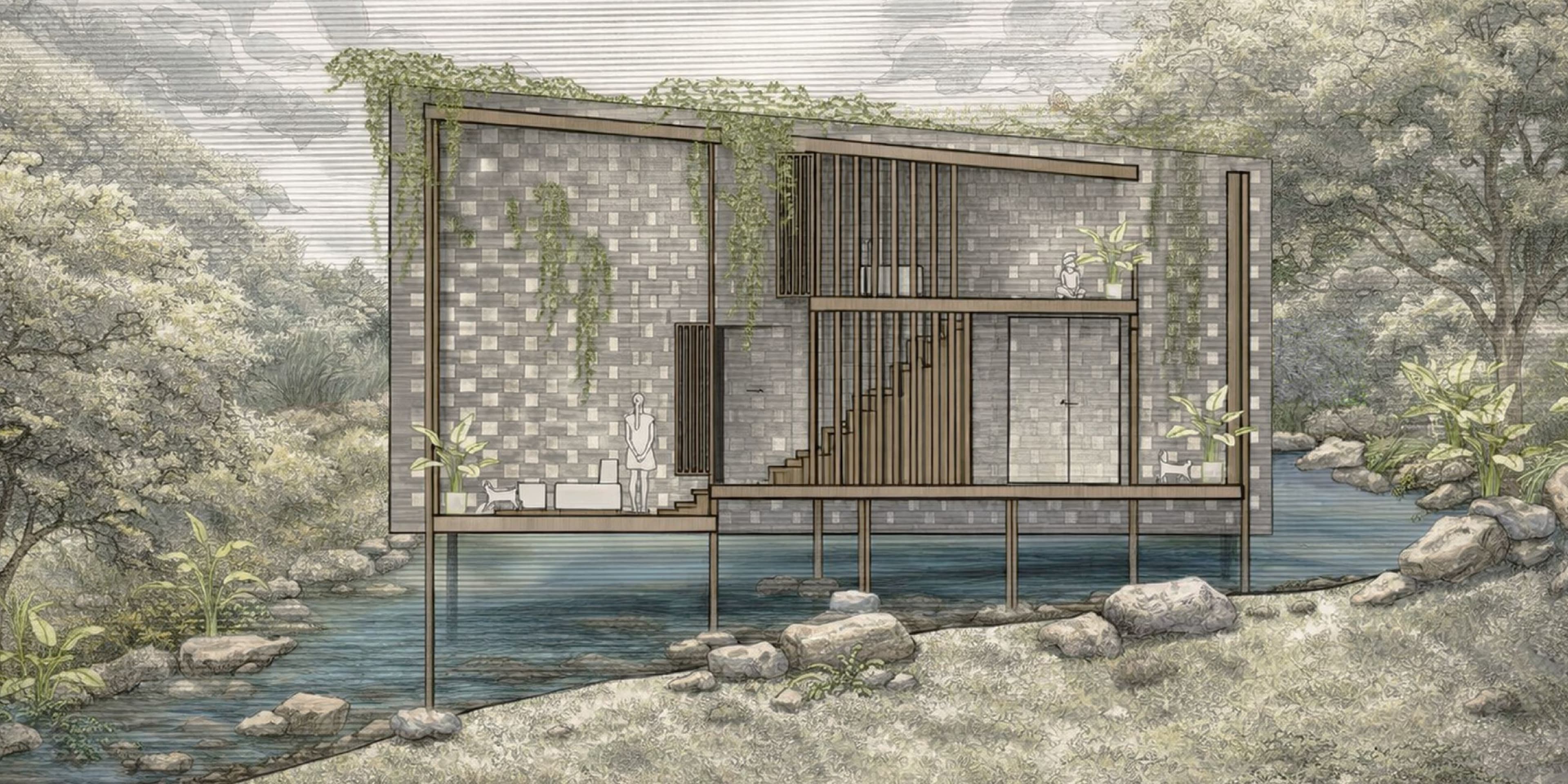 Illustrated long section of The Longhouse over water