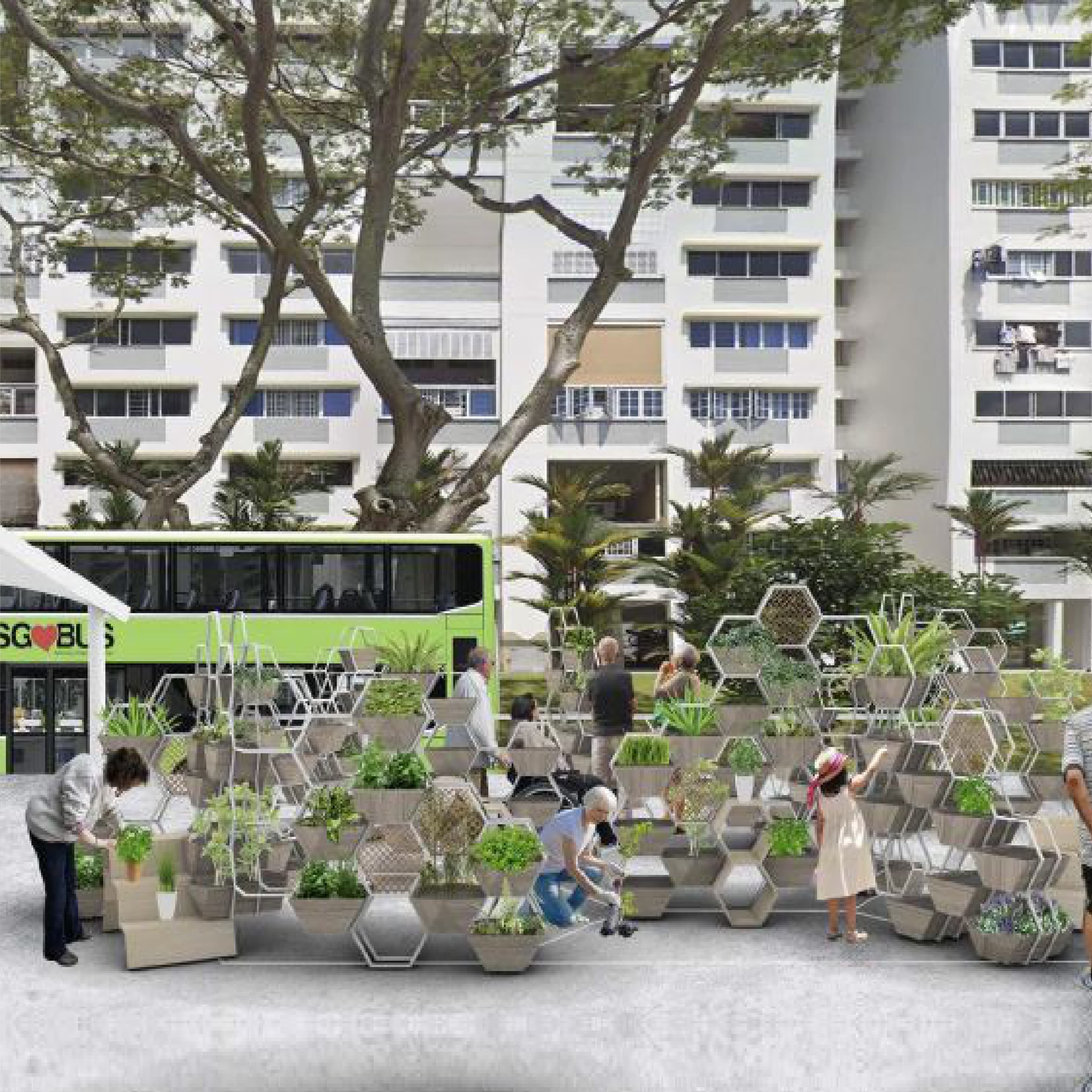 Street-level render of the Cell Wall vertical garden with residents gardening