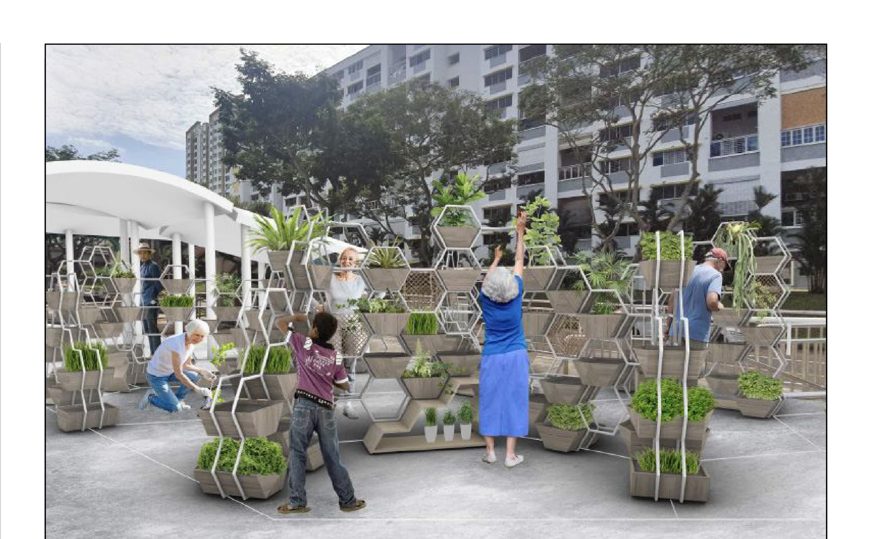 Render of residents around the Cell Wall planting pods