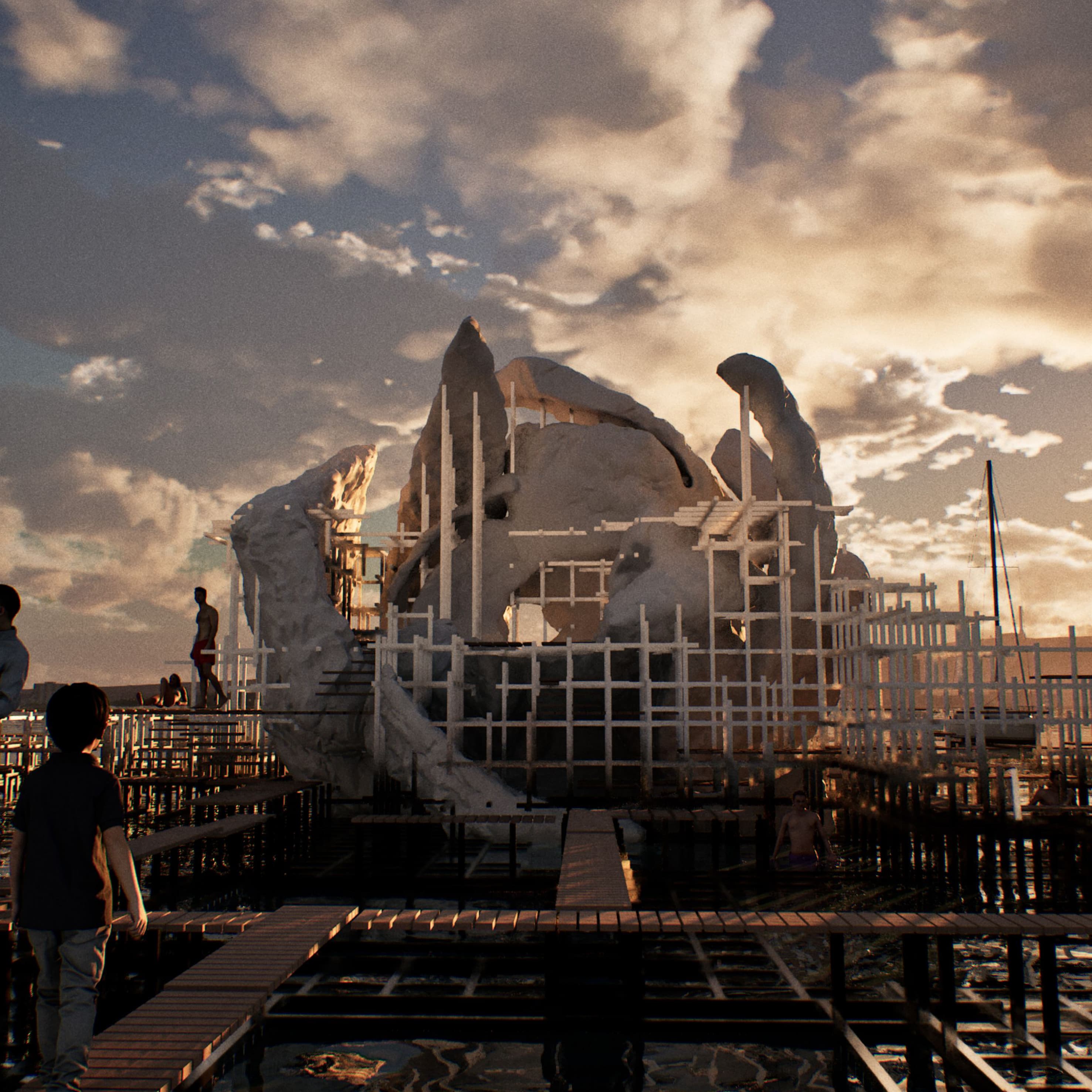 Render of the Coralith structure rising from the sea with people on timber platforms