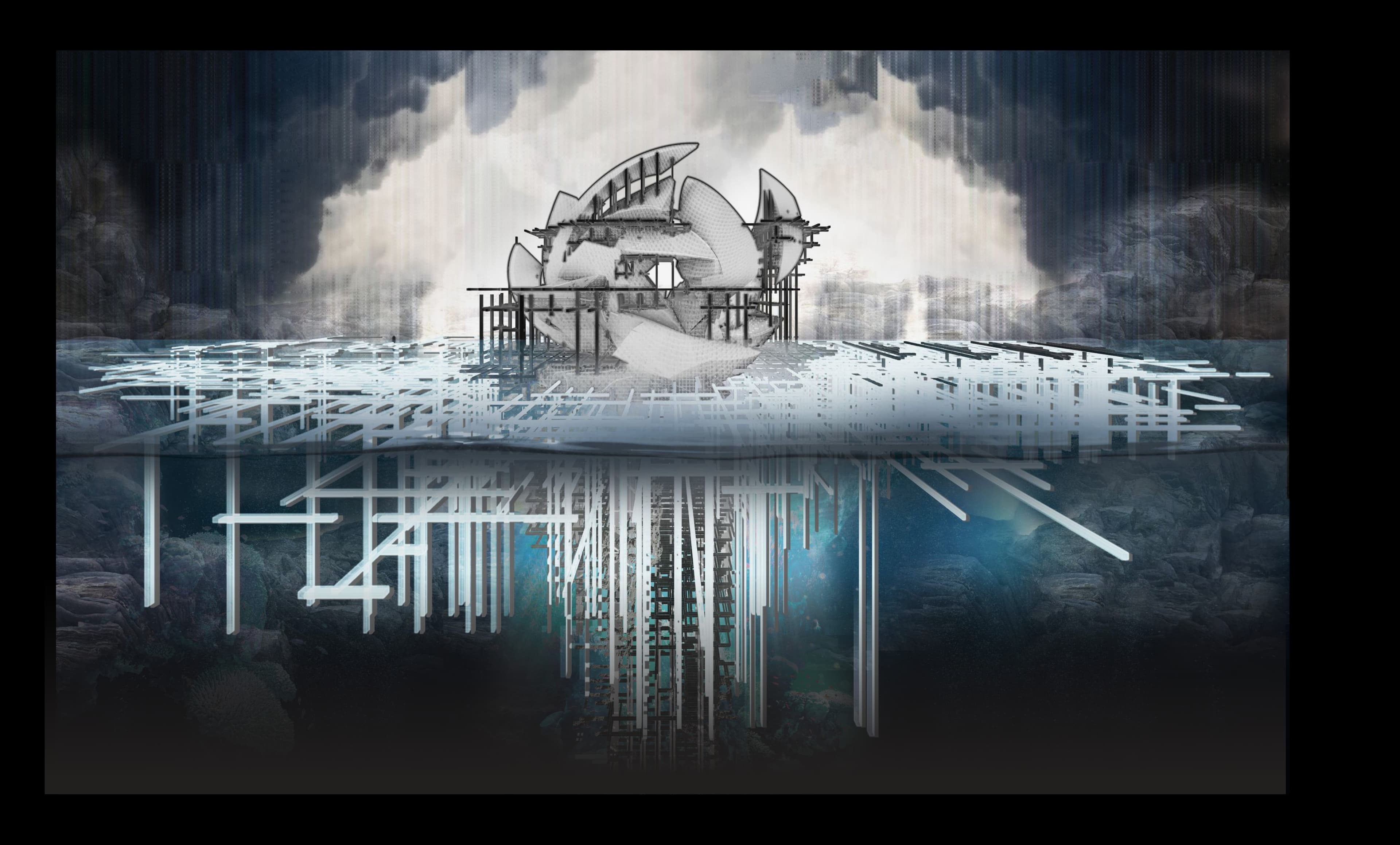 Sectional render of the Coralith spanning sky, waterline, and submerged biorock