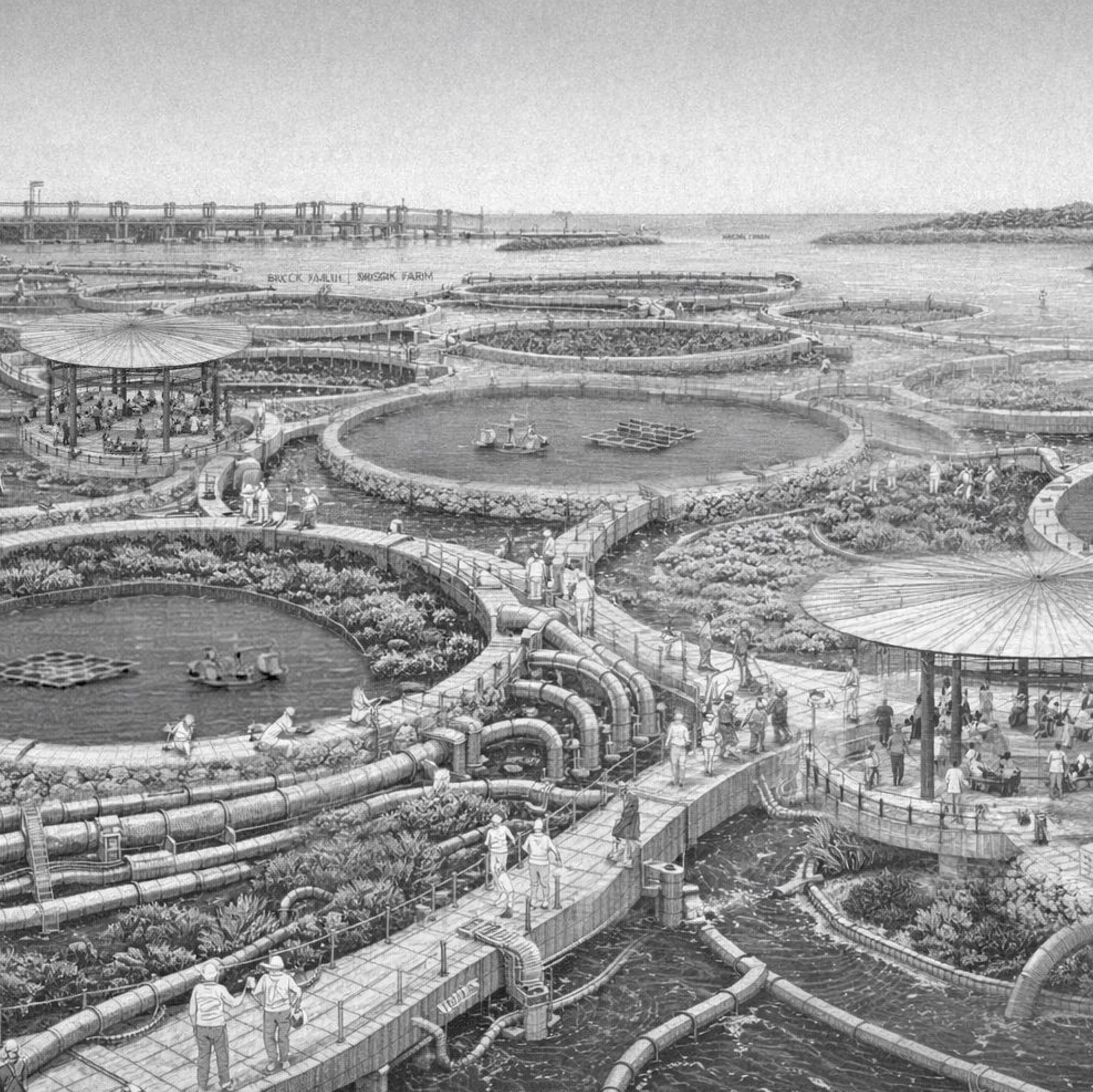 Detailed aerial render of the Long Island reservoir archipelago with people