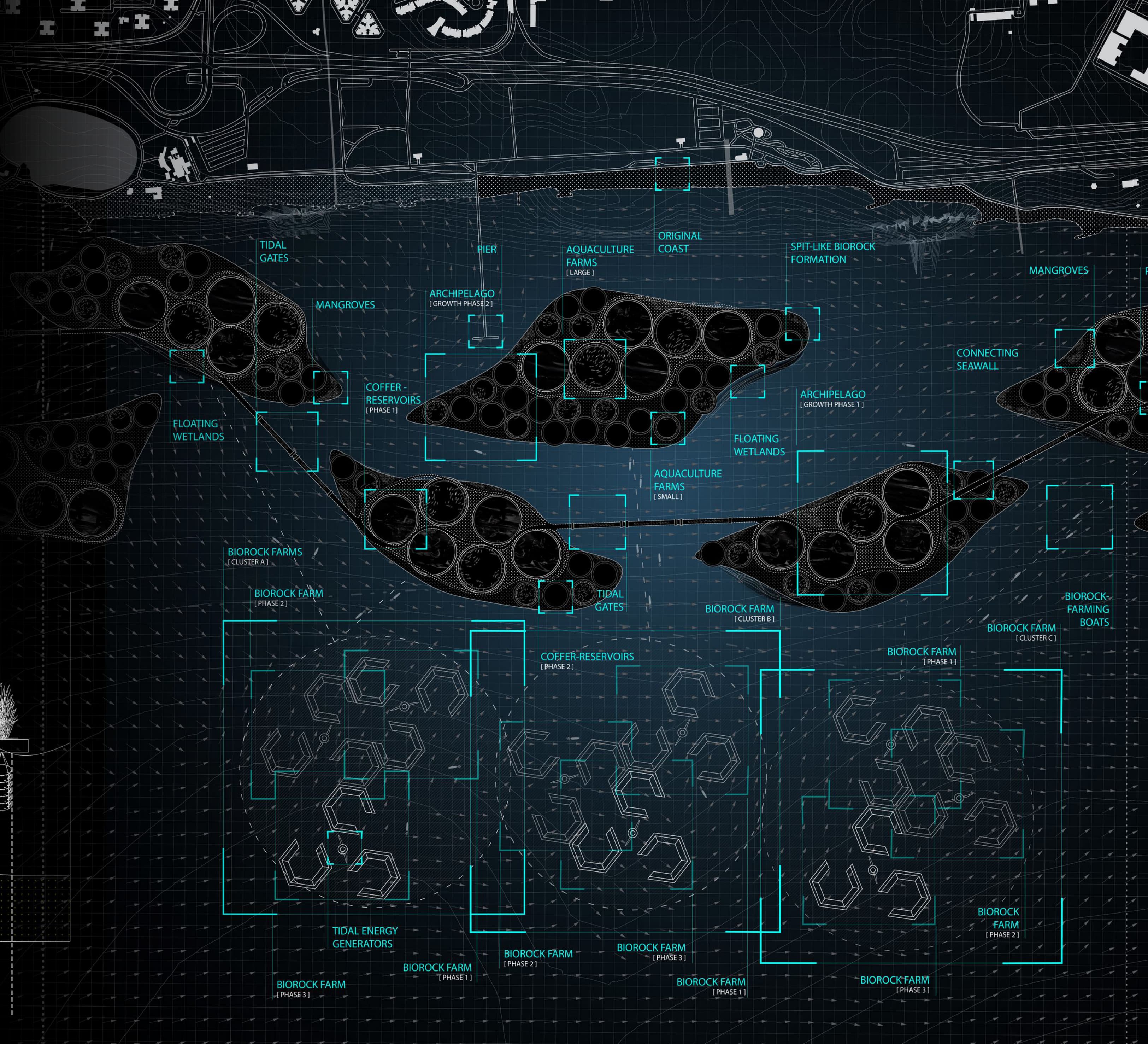 Teal-on-dark masterplan of the Long Island archipelagic system