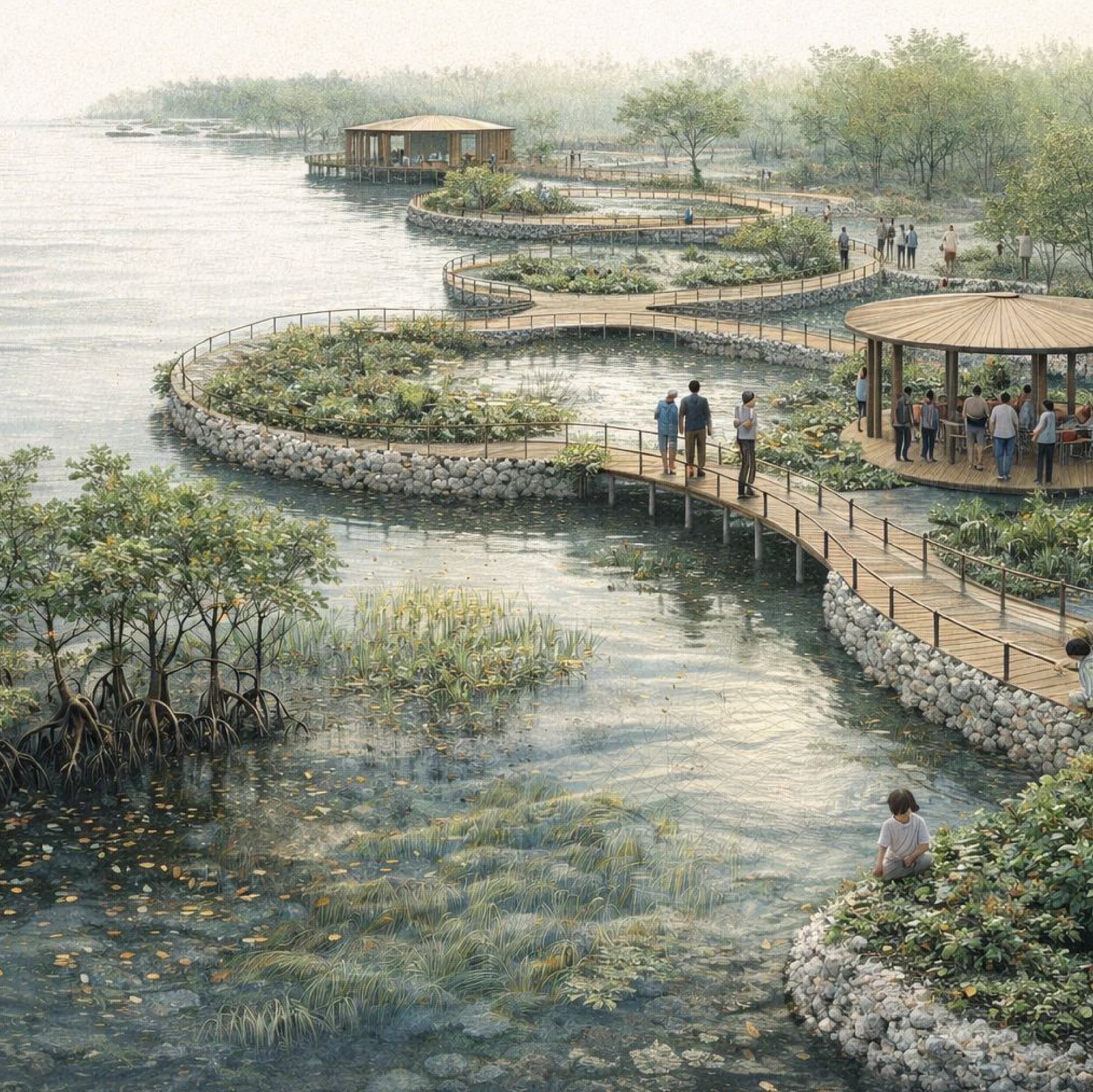 Watercolor-style aerial render of mangrove platforms and boardwalks with visitors