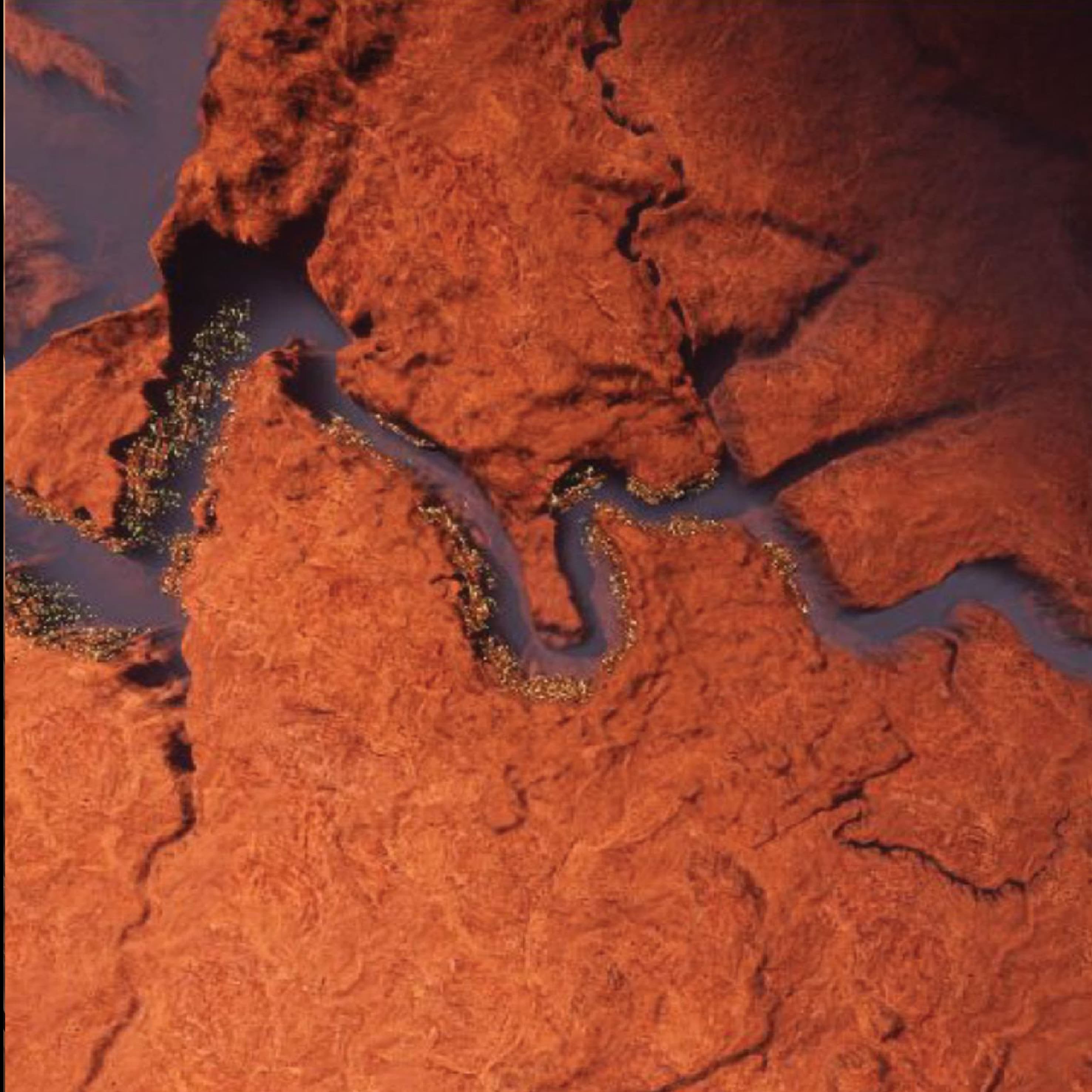 Aerial render of a red canyon with a winding watercourse