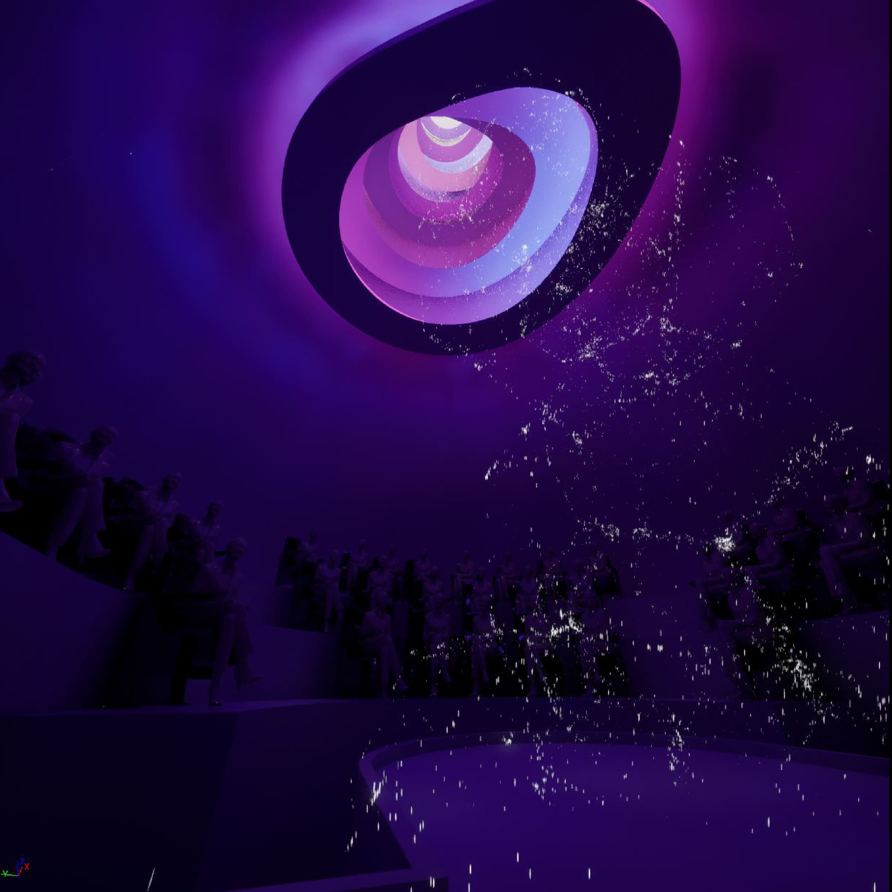 Render of a purple-lit domed hall with an oculus