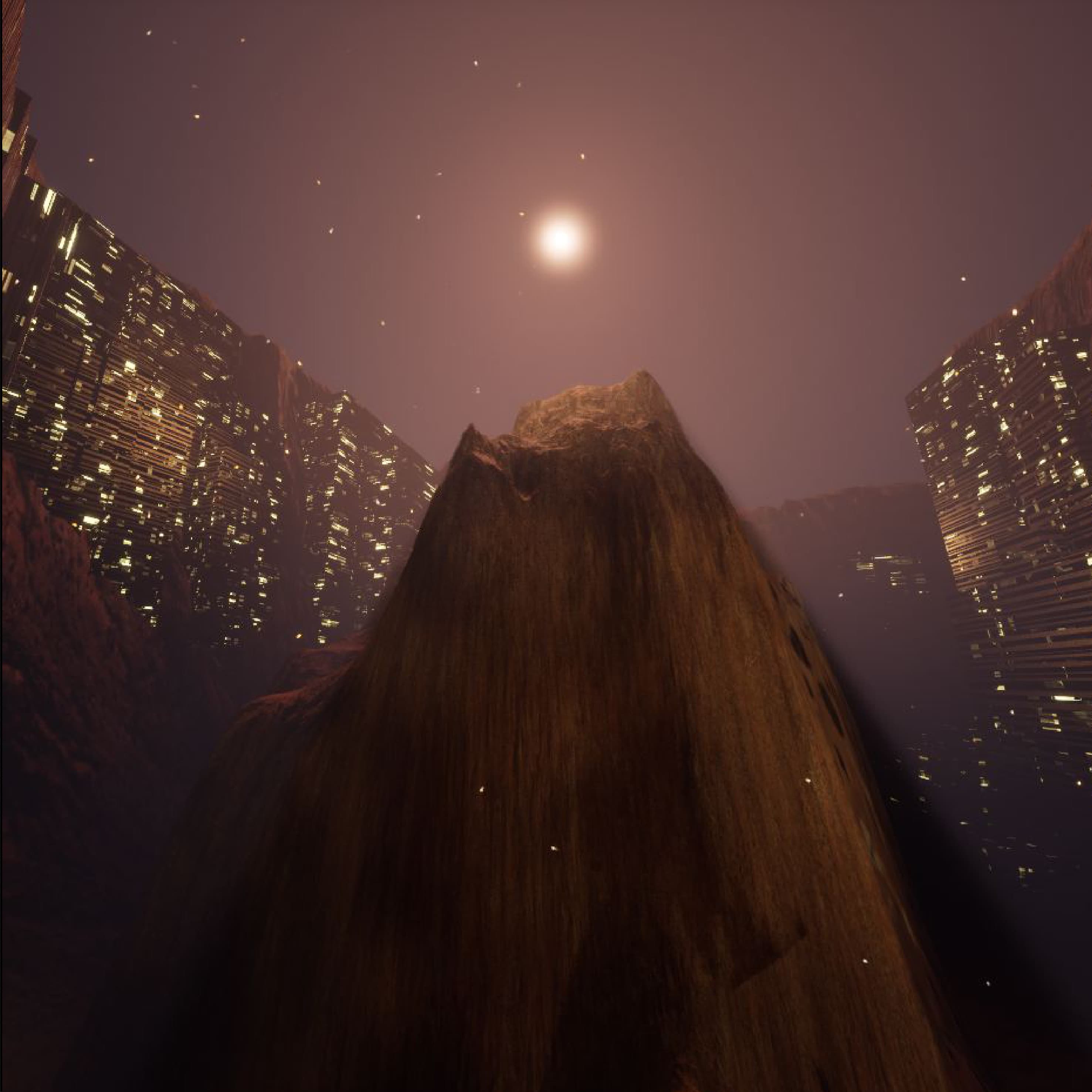 Dusk render of a canyon with a moon and lit dwellings carved into the rock walls