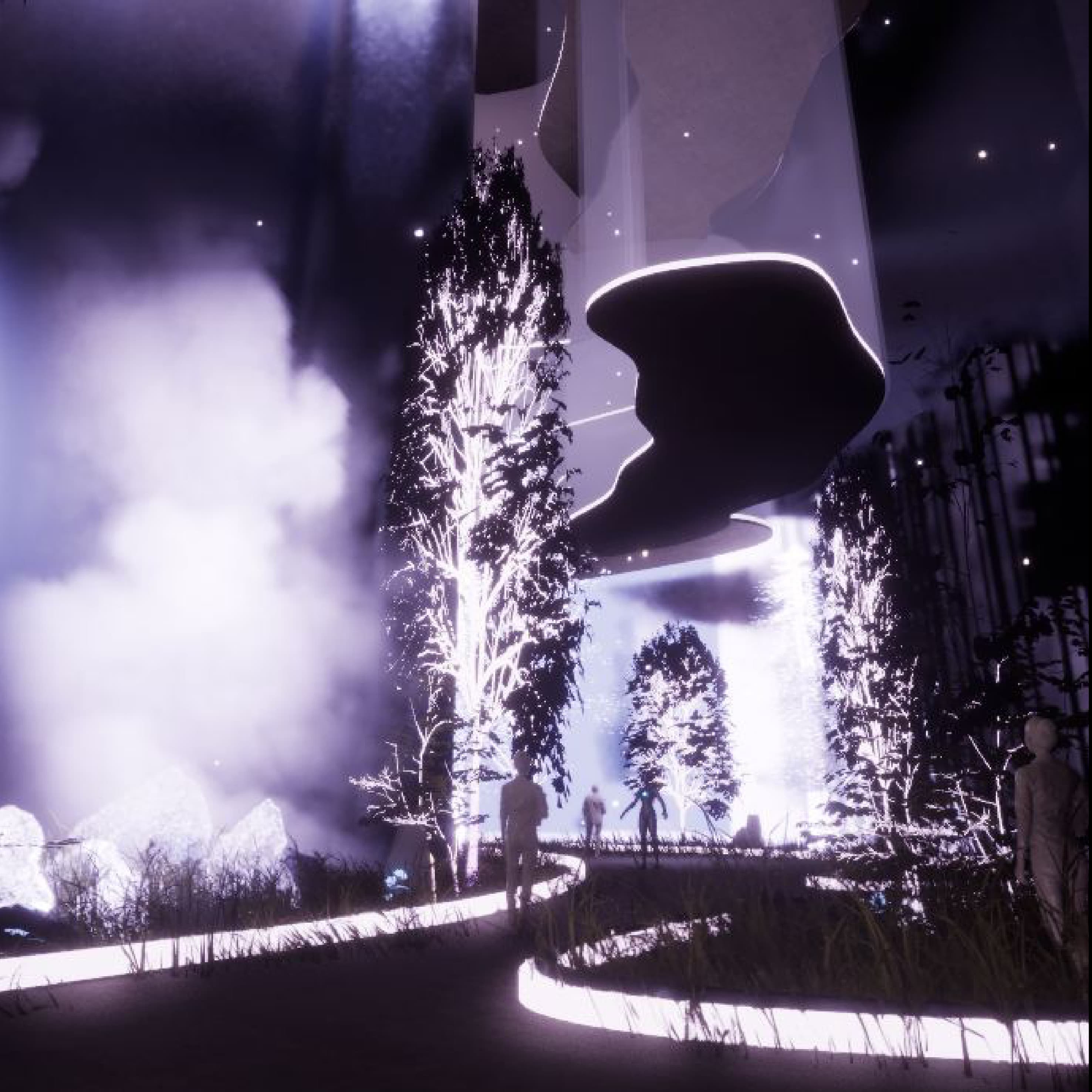 Atmospheric render of a misty sensory forest hall