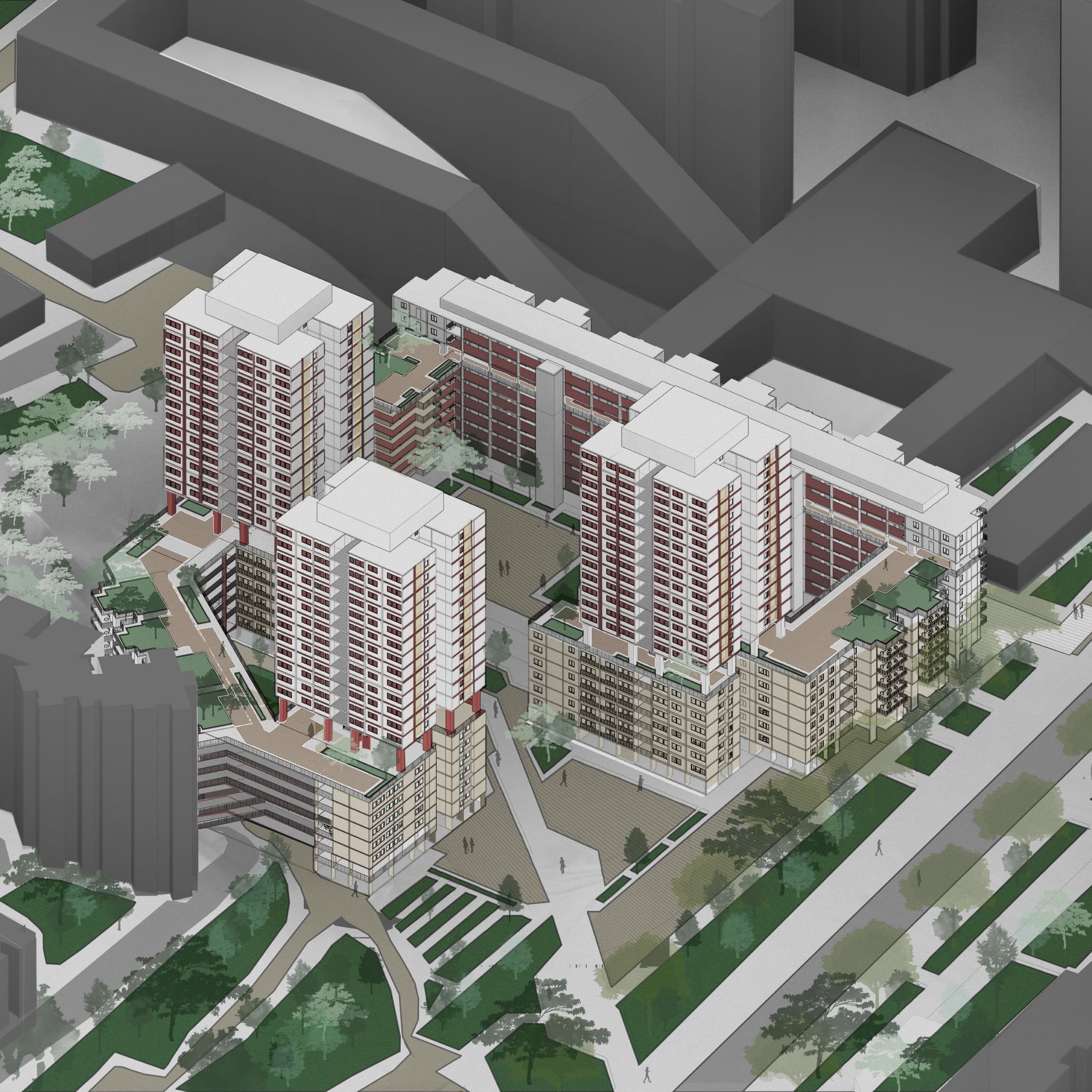 Axonometric render of the Kampong Lucky estate massing and landscape