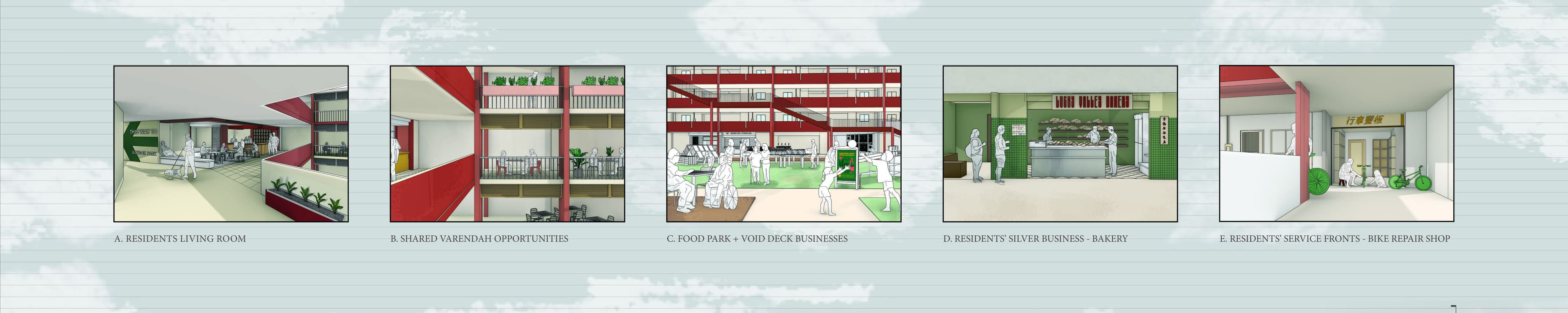Strip of five interior program renders for Kampong Lucky