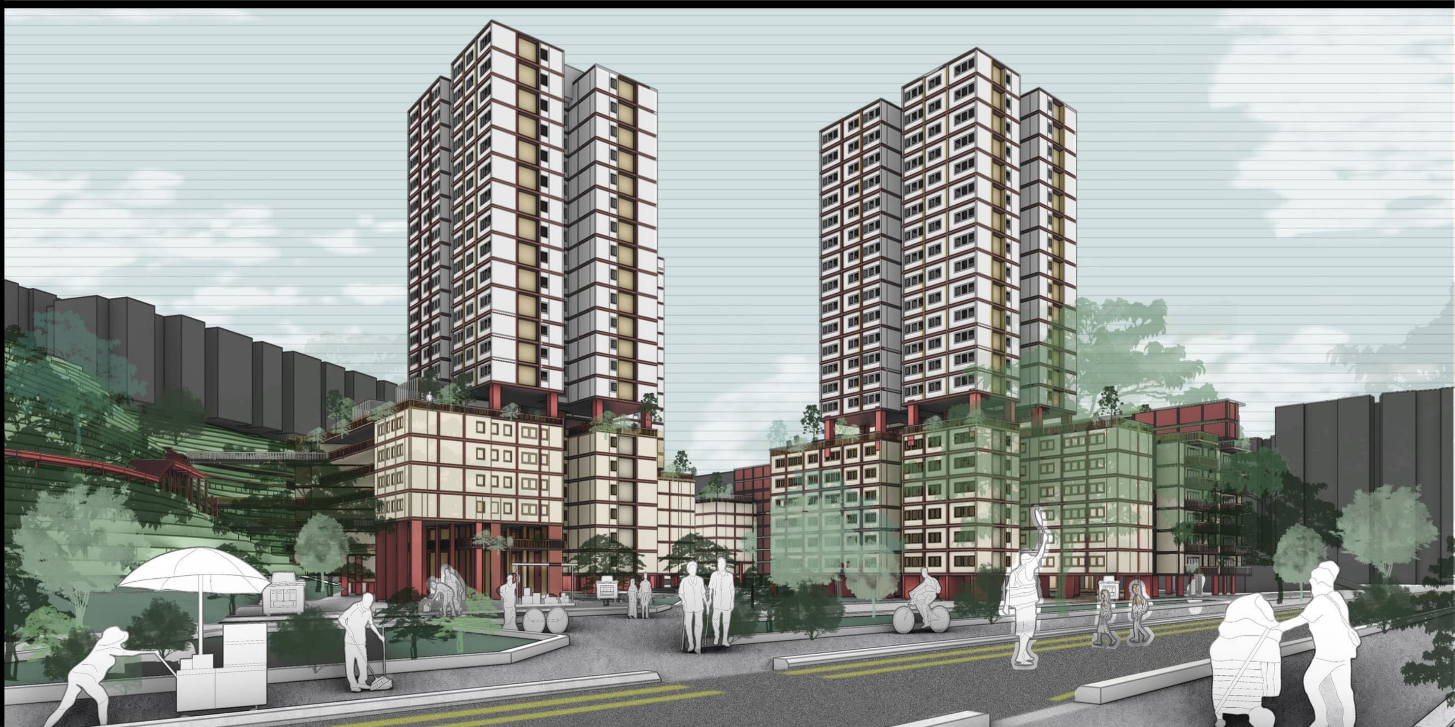 Street-level render of Kampong Lucky towers with people and a food cart